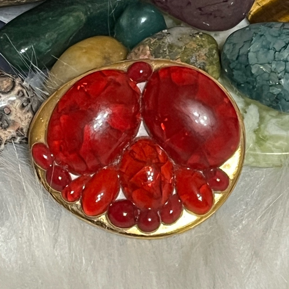 Artisan Abstract Modernist Signed Red Golden Brooch